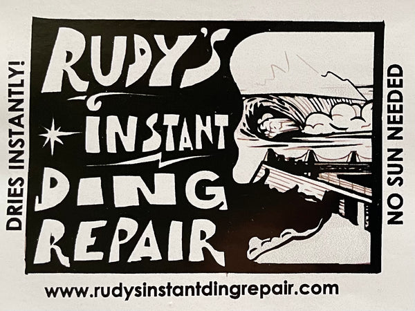 Logo for Rudy's Instant Ding Repair Kit showing website, no sun needed, cures and dries instantly and with Cave Rock surf in the background. Fixes surfboards instantly